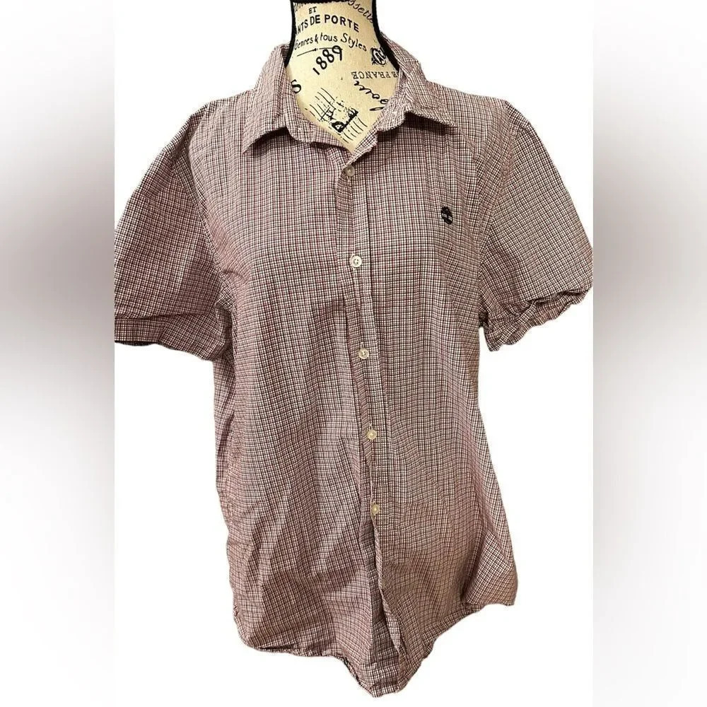 Timberland Slim Fit Button Down Men's Short Sleeve Red Checker Embroidered XL